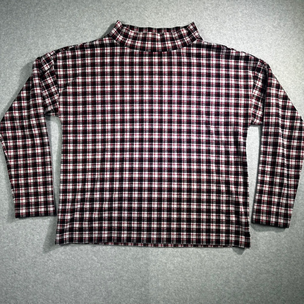 Ann Taylor Womens Red Black Plaid Mock Neck Long Sleeve Knit Top Size M